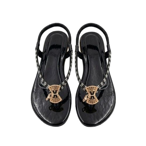 Womens All Black Embellished T Strap Slingback Sandals
