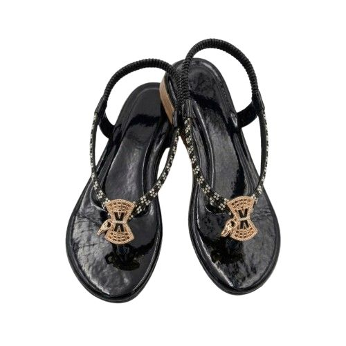 Womens All Black Embellished T Strap Slingback Sandals