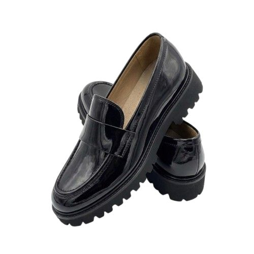 Mens Black Patent Leather Loafers with Metallic Vamp Hardware