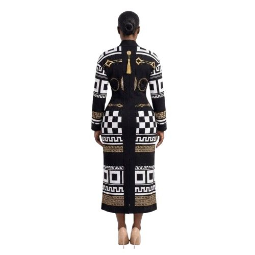 Monochrome Geometric Pattern Kimono Jacket with Gold Accents