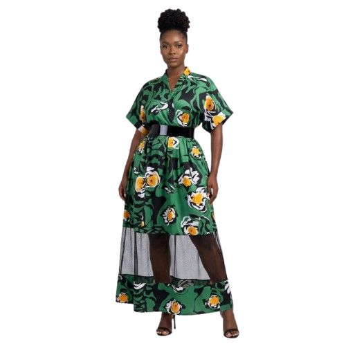 Floral Print Green Maxi Dress with Mesh Hem and Elastic Waistband