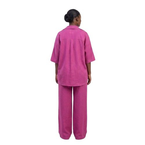 Three Piece Smocked Tube Top Oversized Shirt and Wide Leg Pants Set