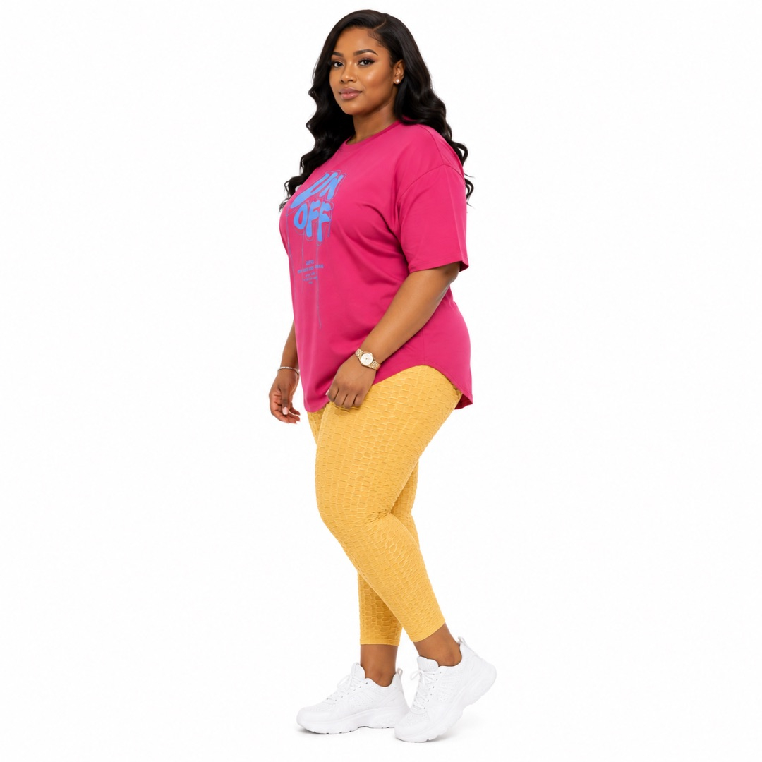 Womens Burgundy Graphic T Shirt and Yellow Textured Leggings Set