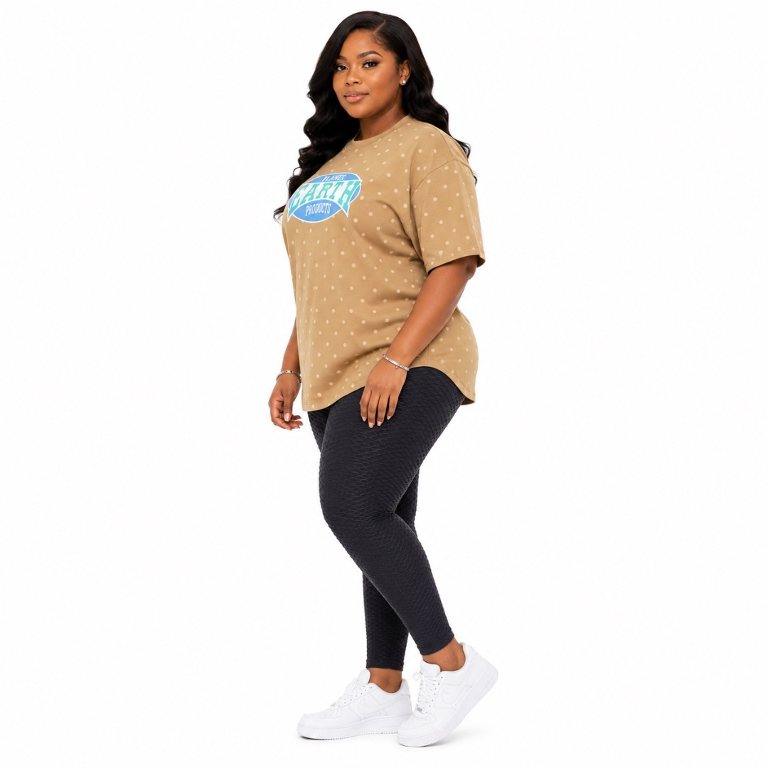 Womens Khaki Polka Dot Graphic T Shirt and Black Textured Leggings Set