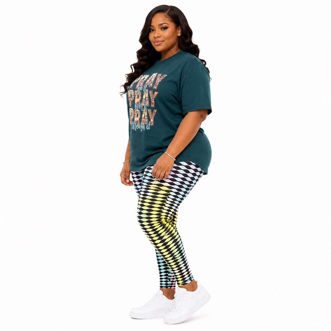 Womens Teal Graphic T Shirt and Multicolor Pattern Leggings Set