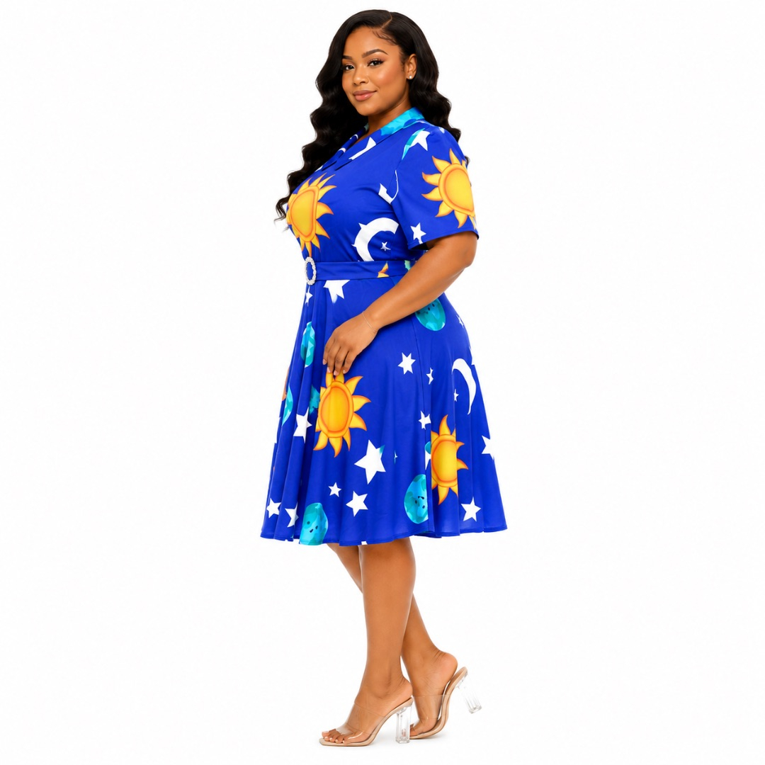 Royal Blue Celestial Print Flare Dress for Women