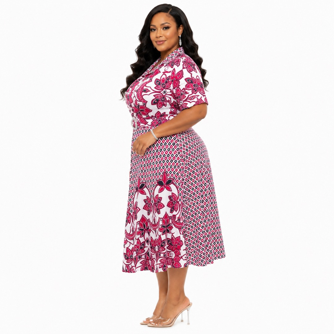 Elegant Pink Floral Print Midi Dress for Women