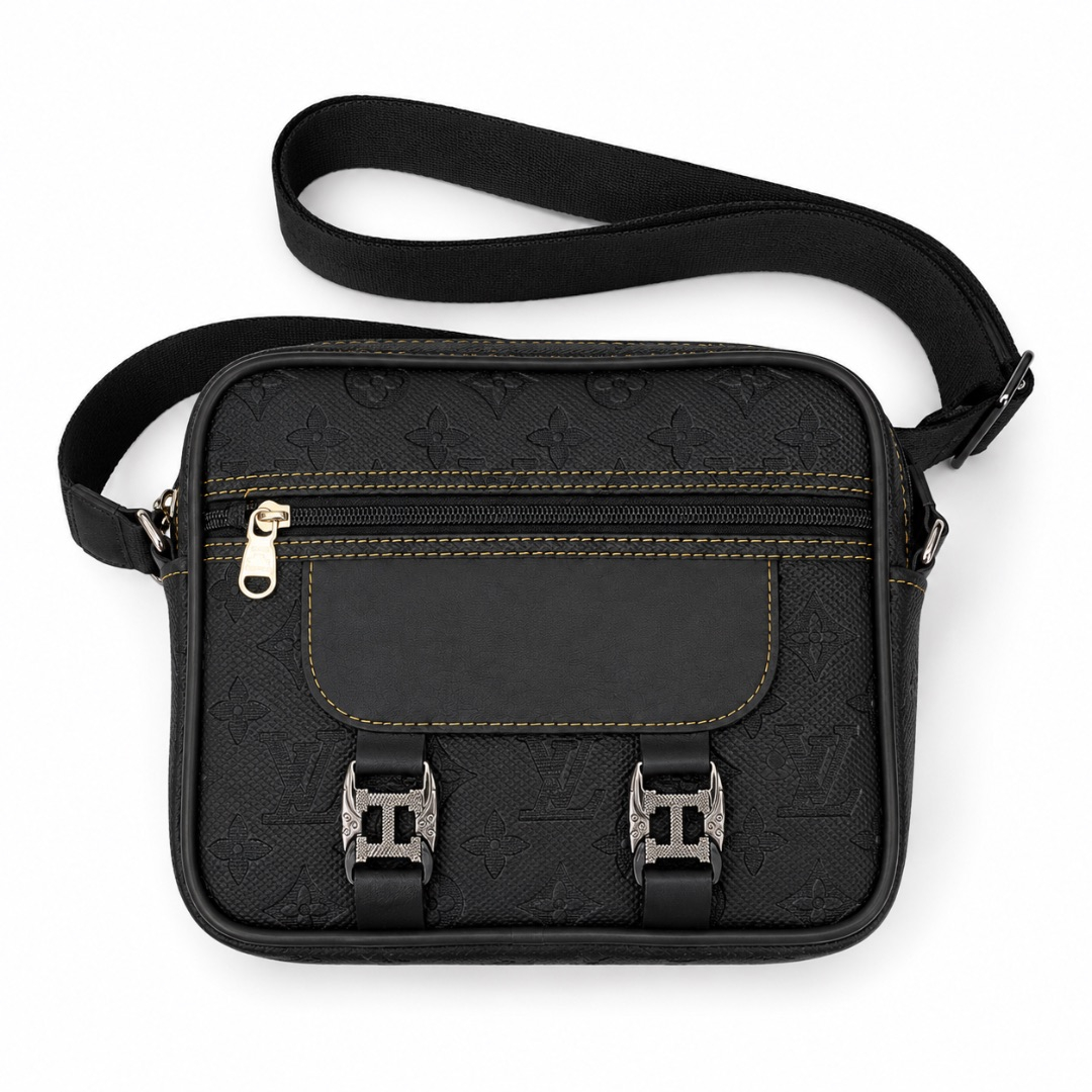 Black Embossed Faux Leather Crossbody Bag with Front Pocket