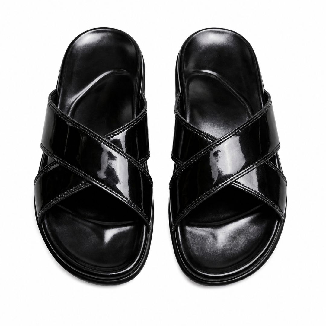 Glossy Criss Cross Strap Slide Sandals