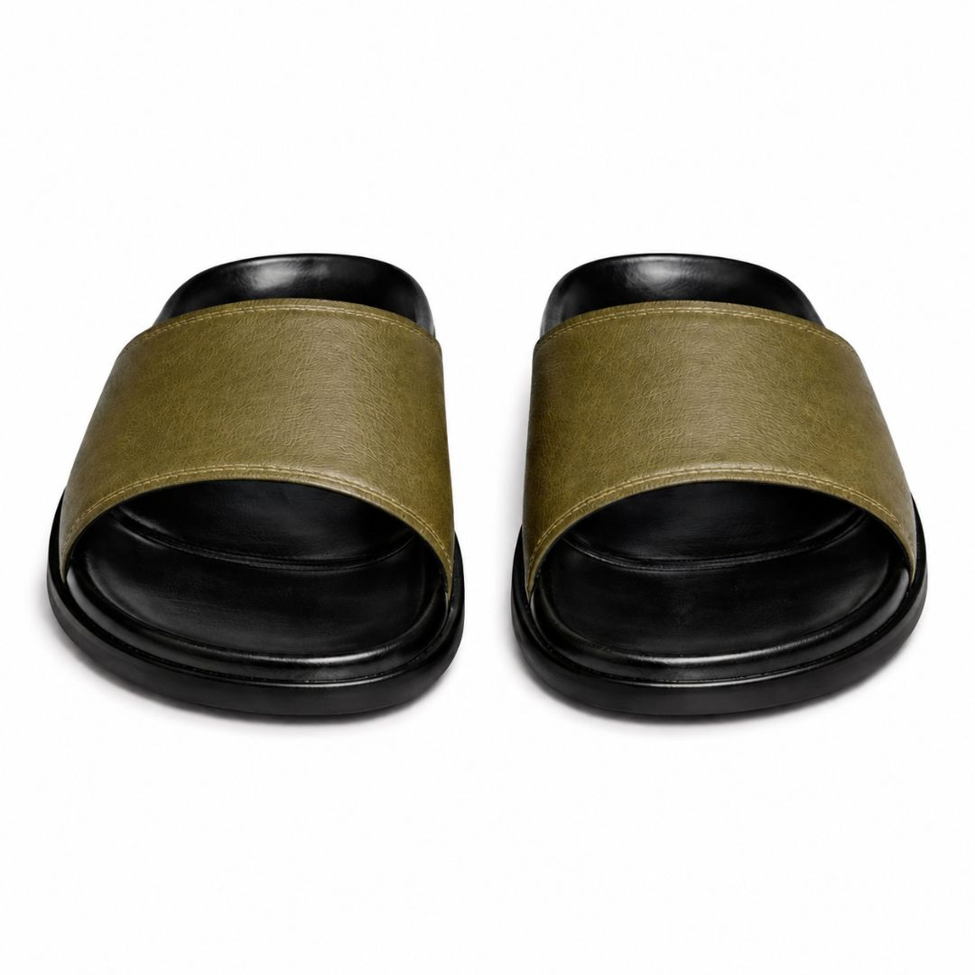 Men Leather Slippers Olive Green