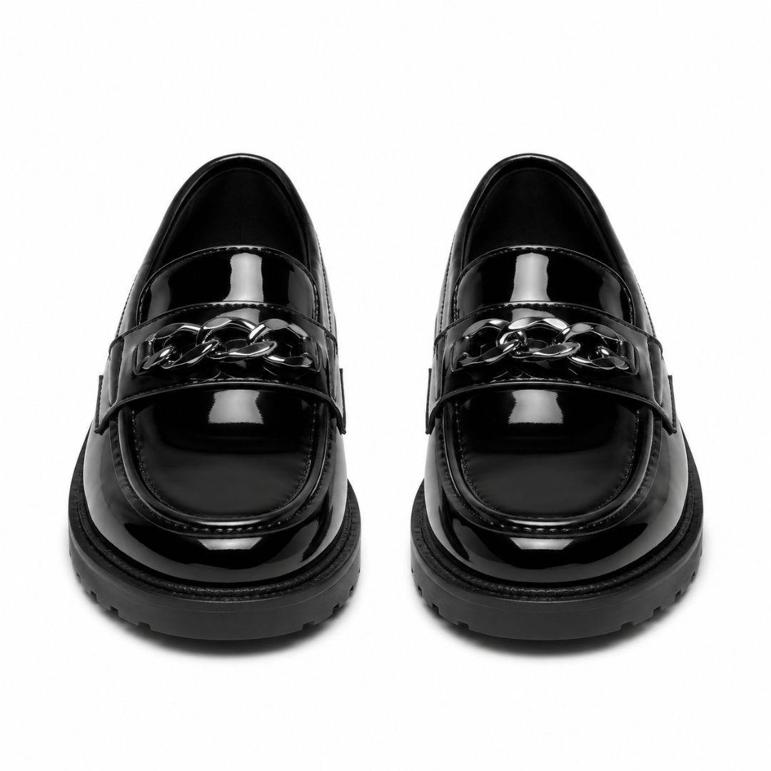 Mens Black Patent Leather Loafers with Chain Detail