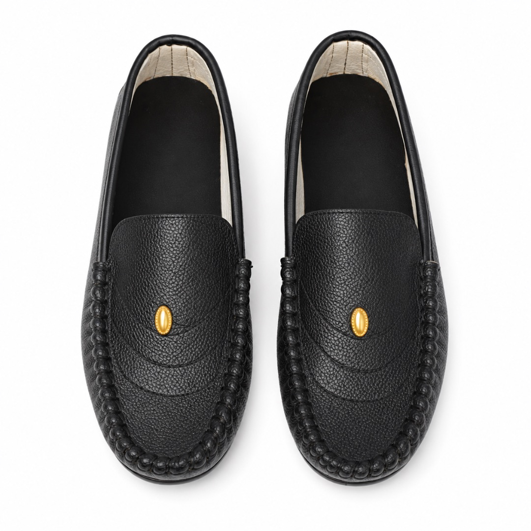 Black Textured Leather Slip On Loafers with Gold Accent