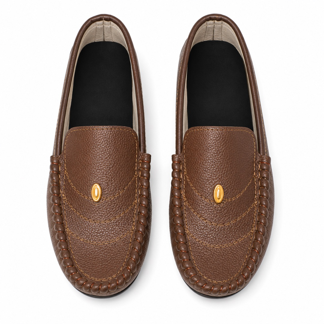 Brown Textured Leather Loafers with Handcrafted Stitch Detail