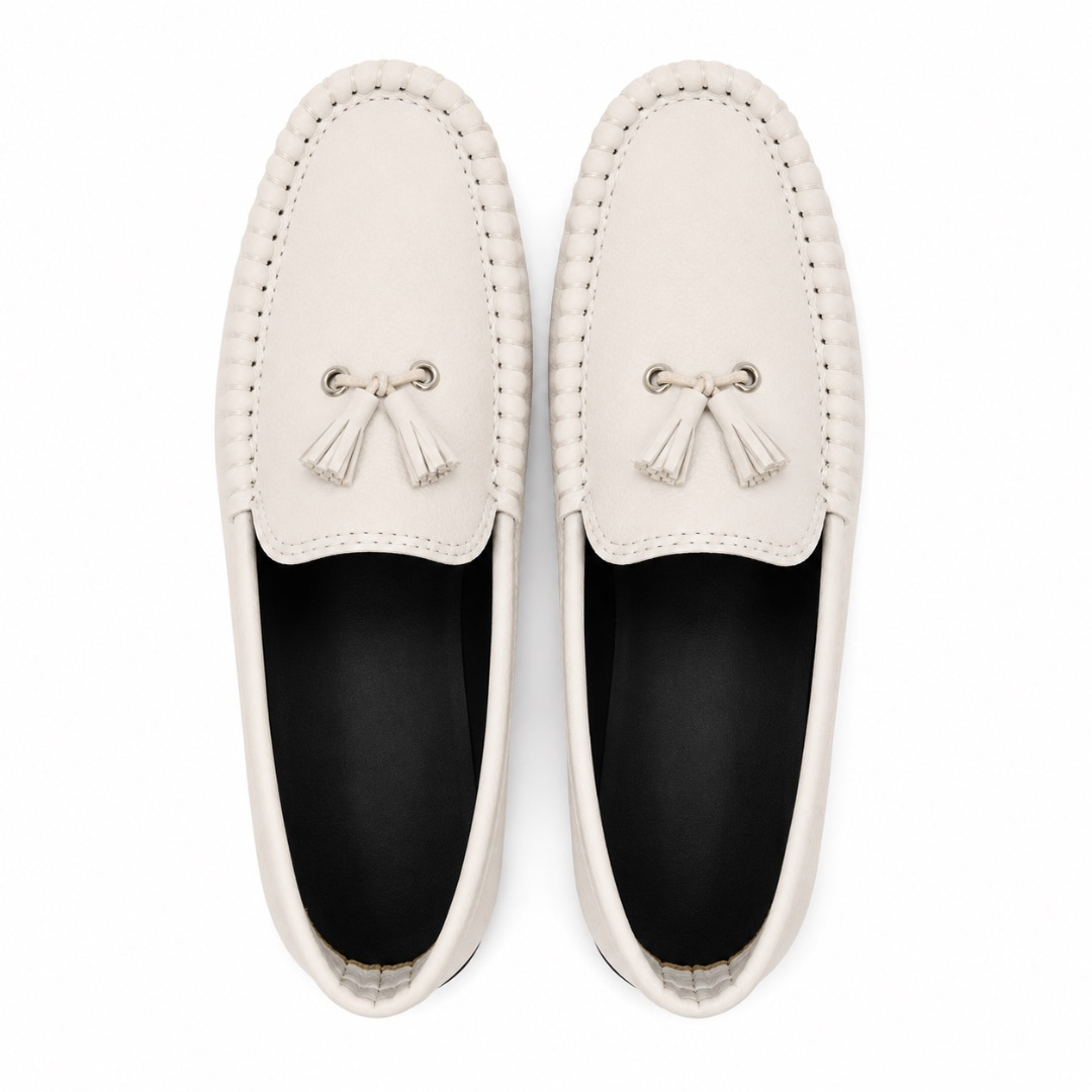 White Moccasin Style Loafers  with Tassel Detail