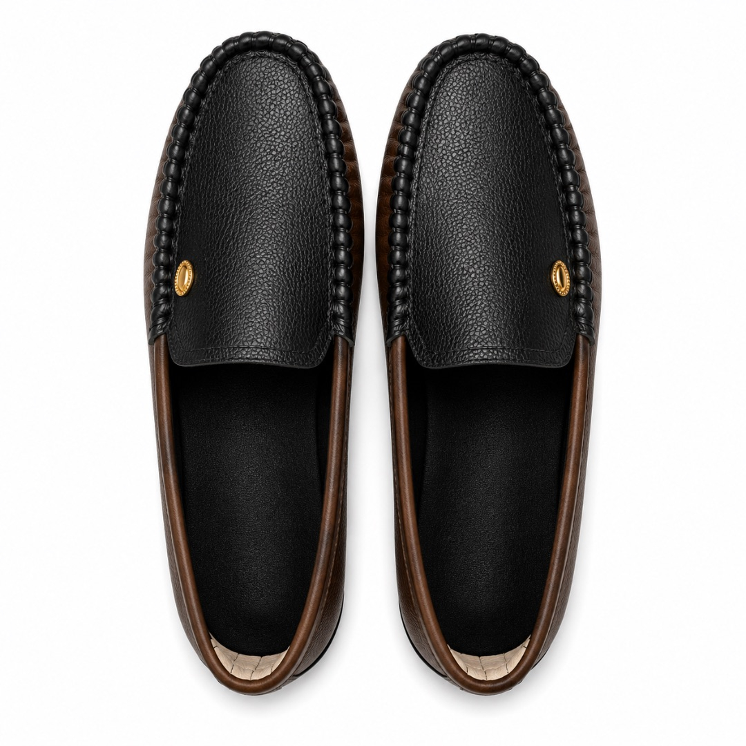 Black Textured Leather SlipOn Loafers with Gold Accent