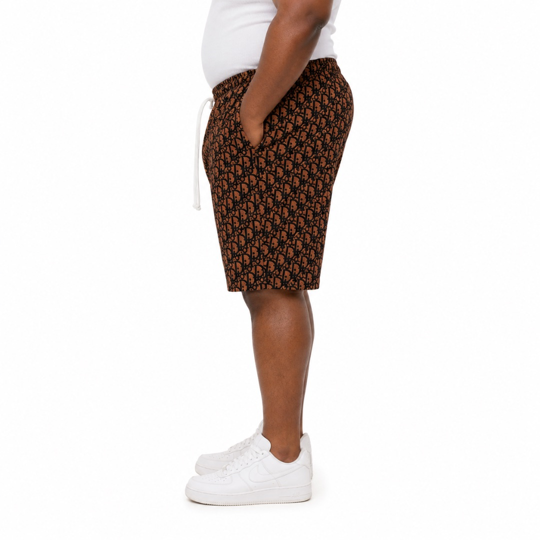 Mens Brown Monogram Casual Drawstring Shorts