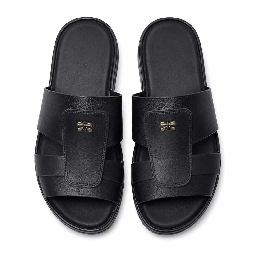 Mens Black Luxury Double Strap Leather Slides