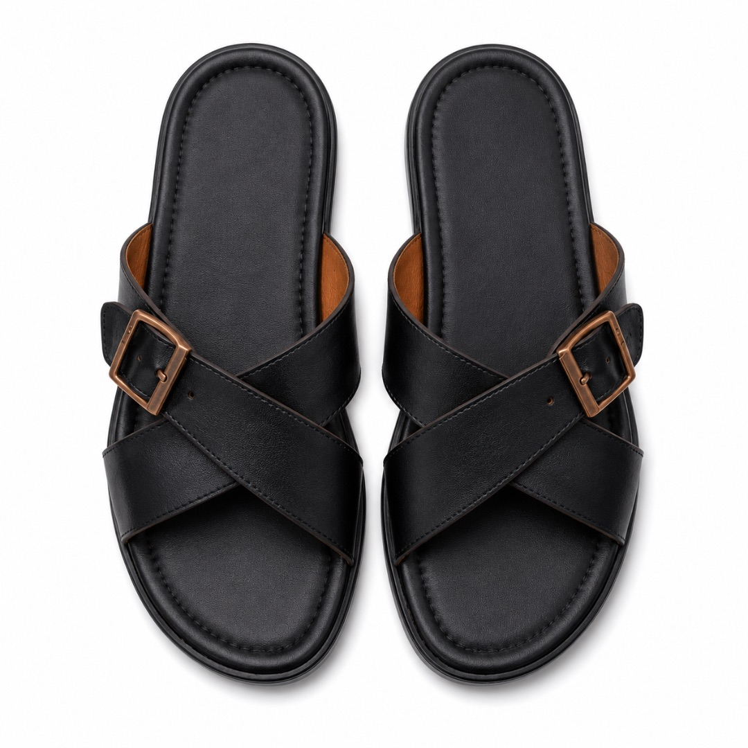 Mens Black Cross Strap Buckle Leather Slides