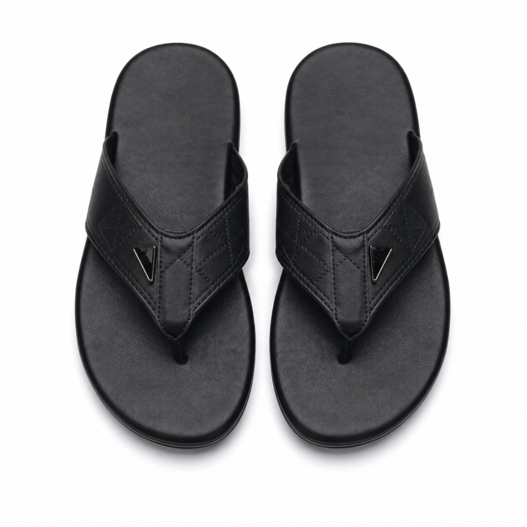 Mens Black Luxury Leather Toe Post Slippers