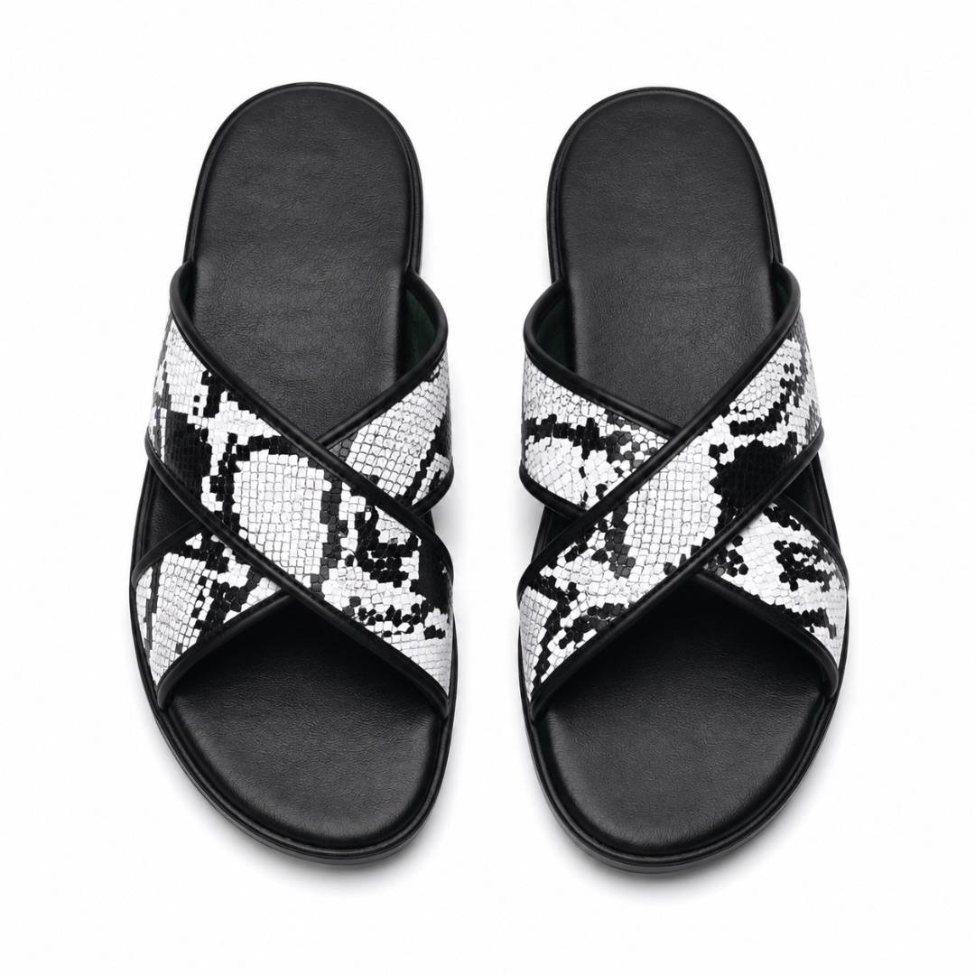 Mens Black and White Snakeskin Cross Strap Slides