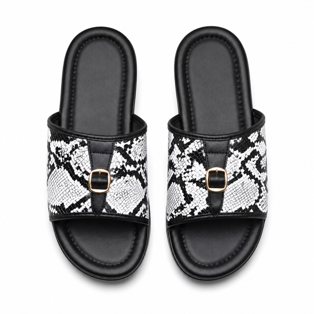 Mens Black and White Snakeskin Buckle Slide Sandals