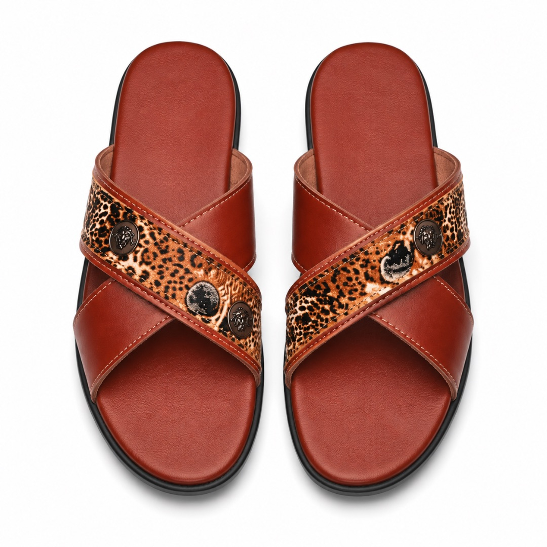 Mens Brown Leopard Print Cross Strap Slides