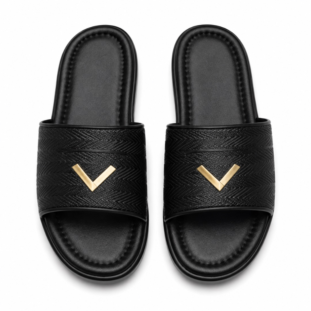 Mens Black Textured Luxury Slide Sandals