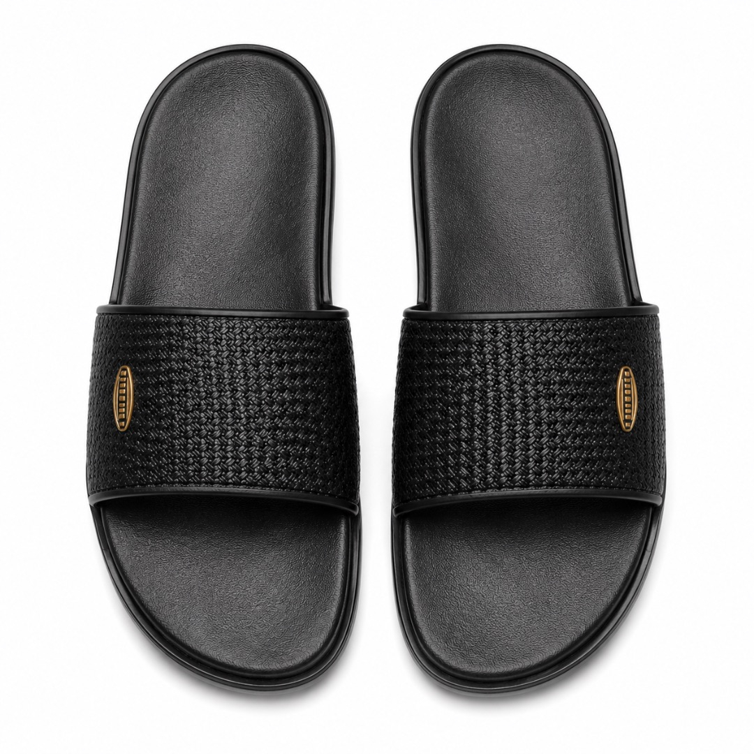 Mens Black Woven Texture Luxury Slide Sandals