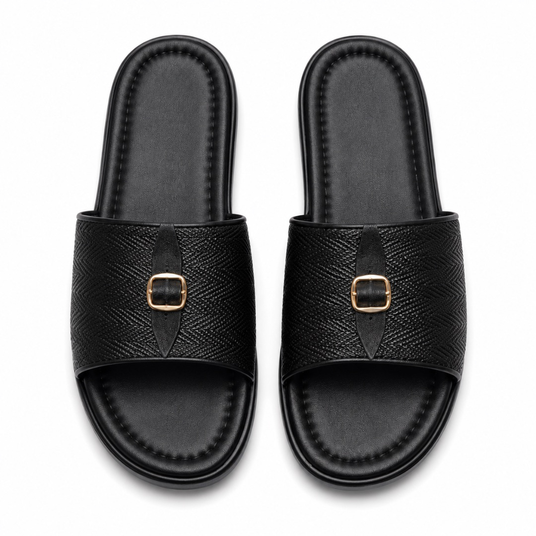 Mens Black Textured Buckle Slide Sandals