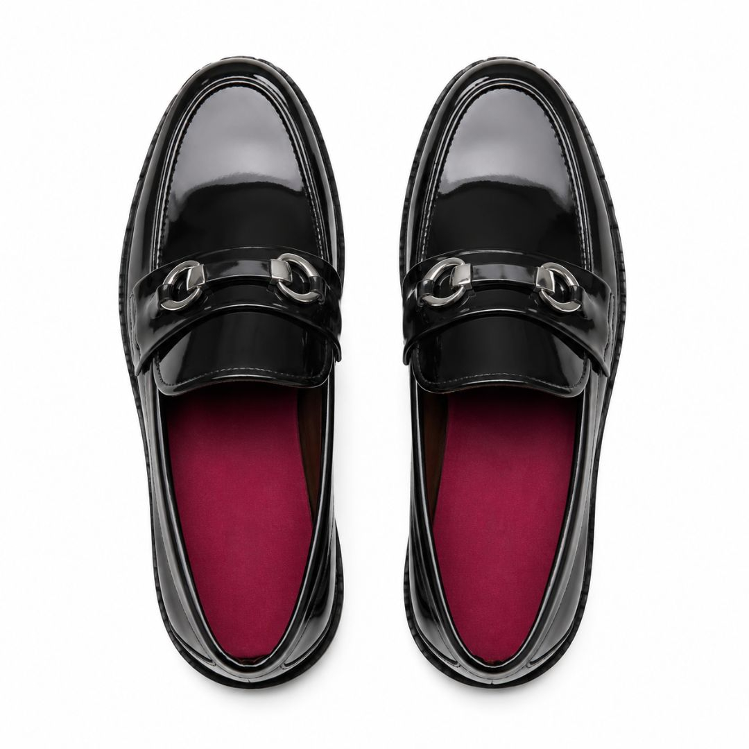 Patent Leather Loafers with Silver Bit and Rugged Sole