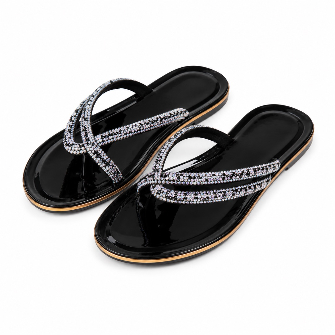 Womens Black  Rhinestone  Thong Sandals