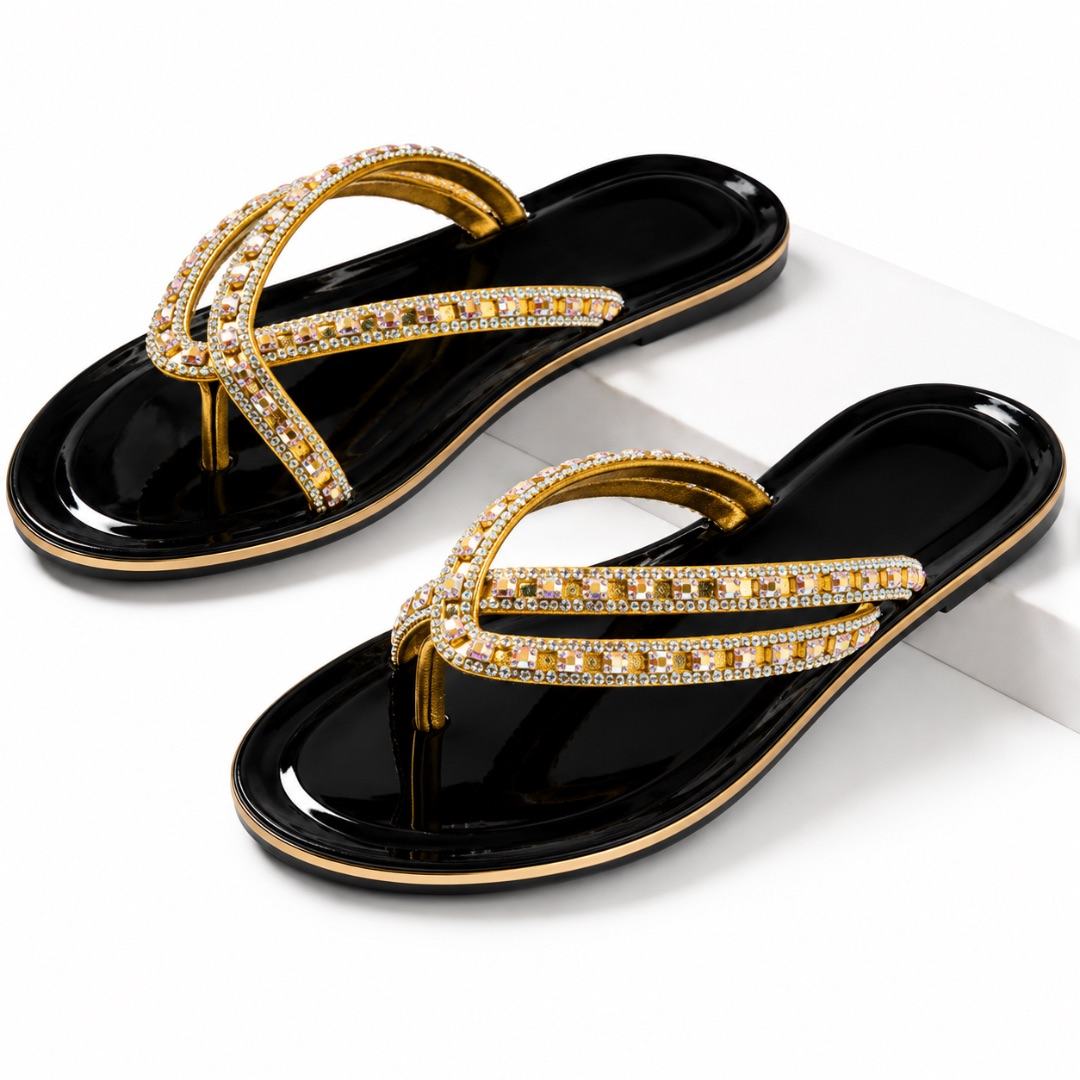 Womens Black and Gold Rhinestone Luxury Flip Flops