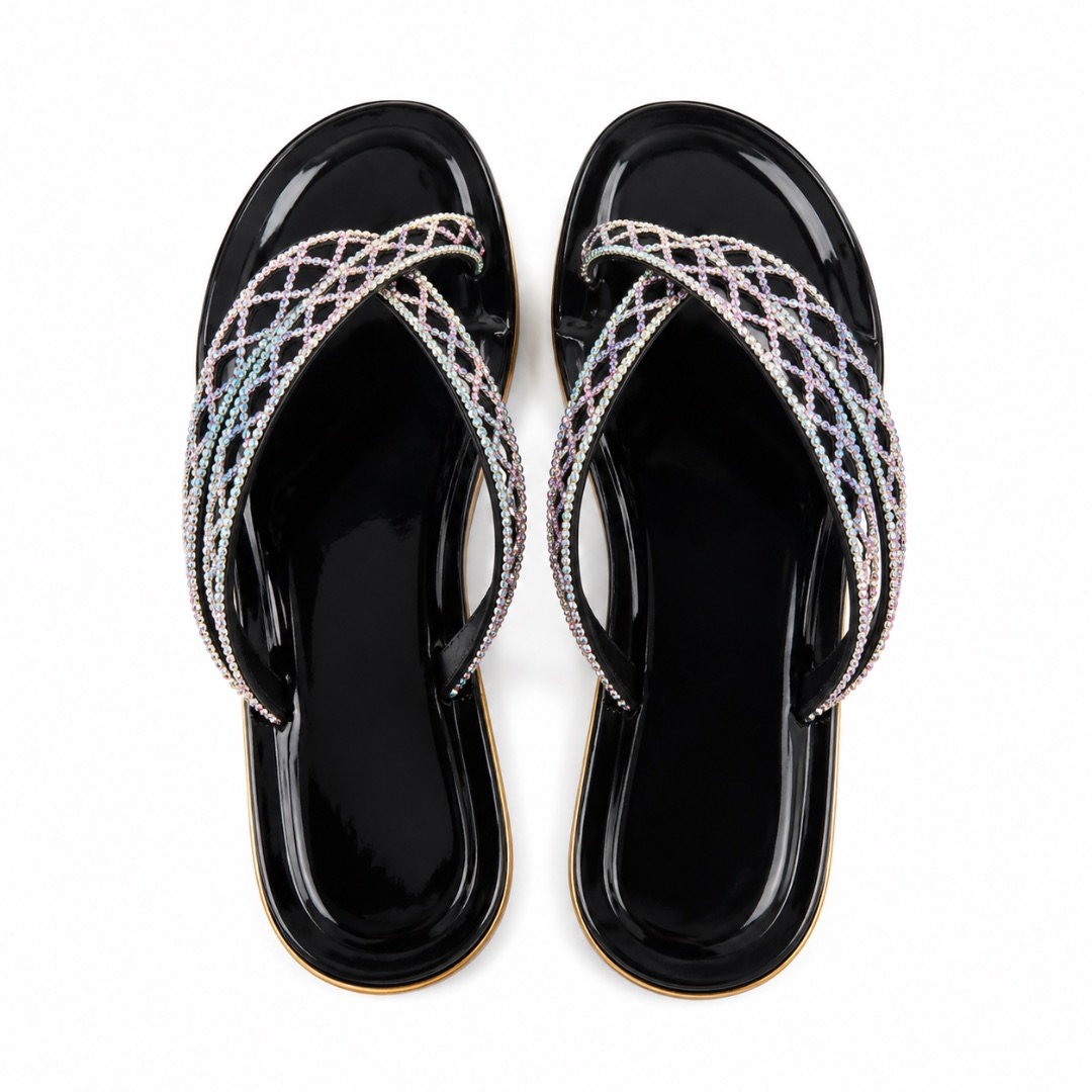 Womens Black Rhinestone Luxury Flip Flops