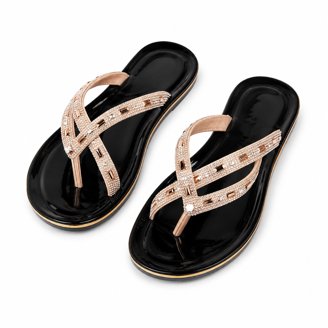 Womens Black and Rose Gold Rhinestone Toe Post Sandals