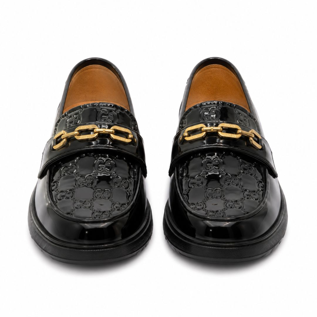 Embossed Patent Leather Loafers with Gold Bit