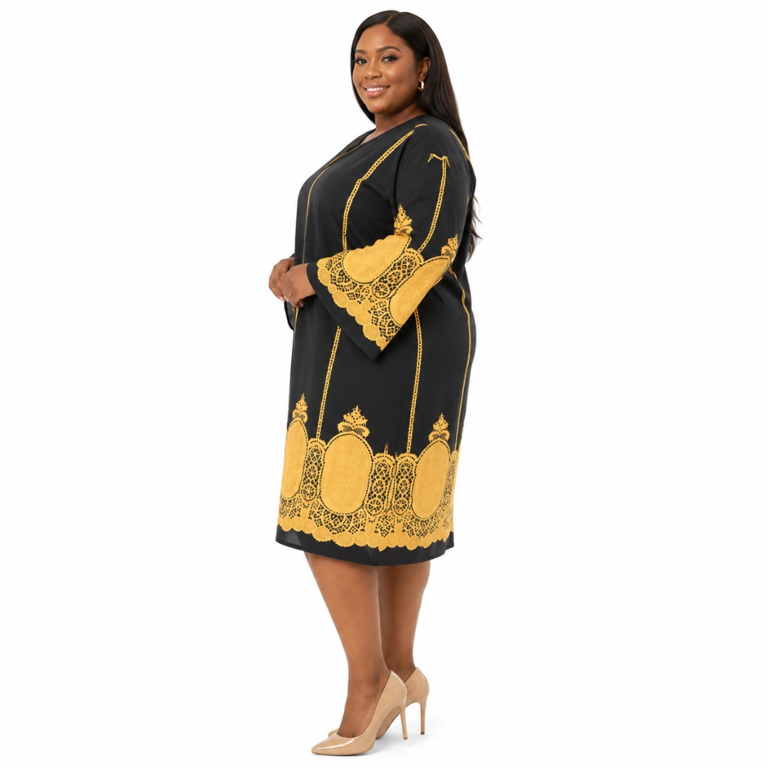 Womens Black and Gold Embroidered Kaftan Dress