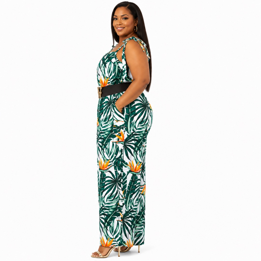 Womens Plus Size Tropical Print Sleeveless Jumpsuit