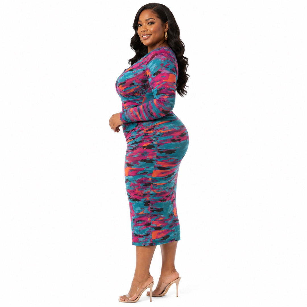 Womens Plus Size Multicolor Bodycon Midi Dress