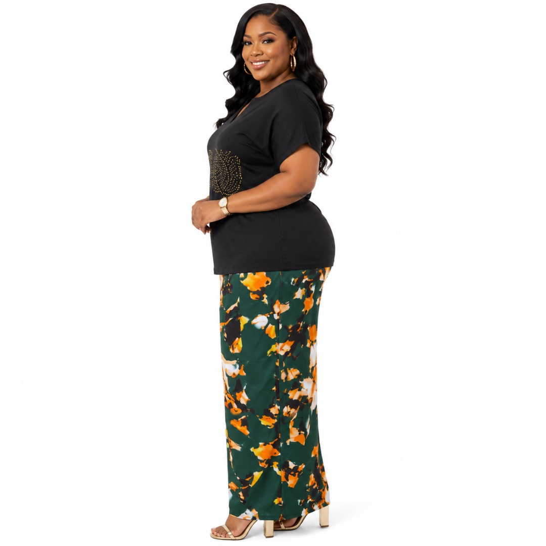 Womens Plus Size Black Top and Printed Palazzo Trouser Set