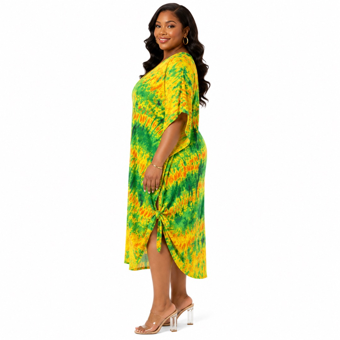 Womens Plus Size Green and Yellow Tie Dye Kaftan Midi Dress