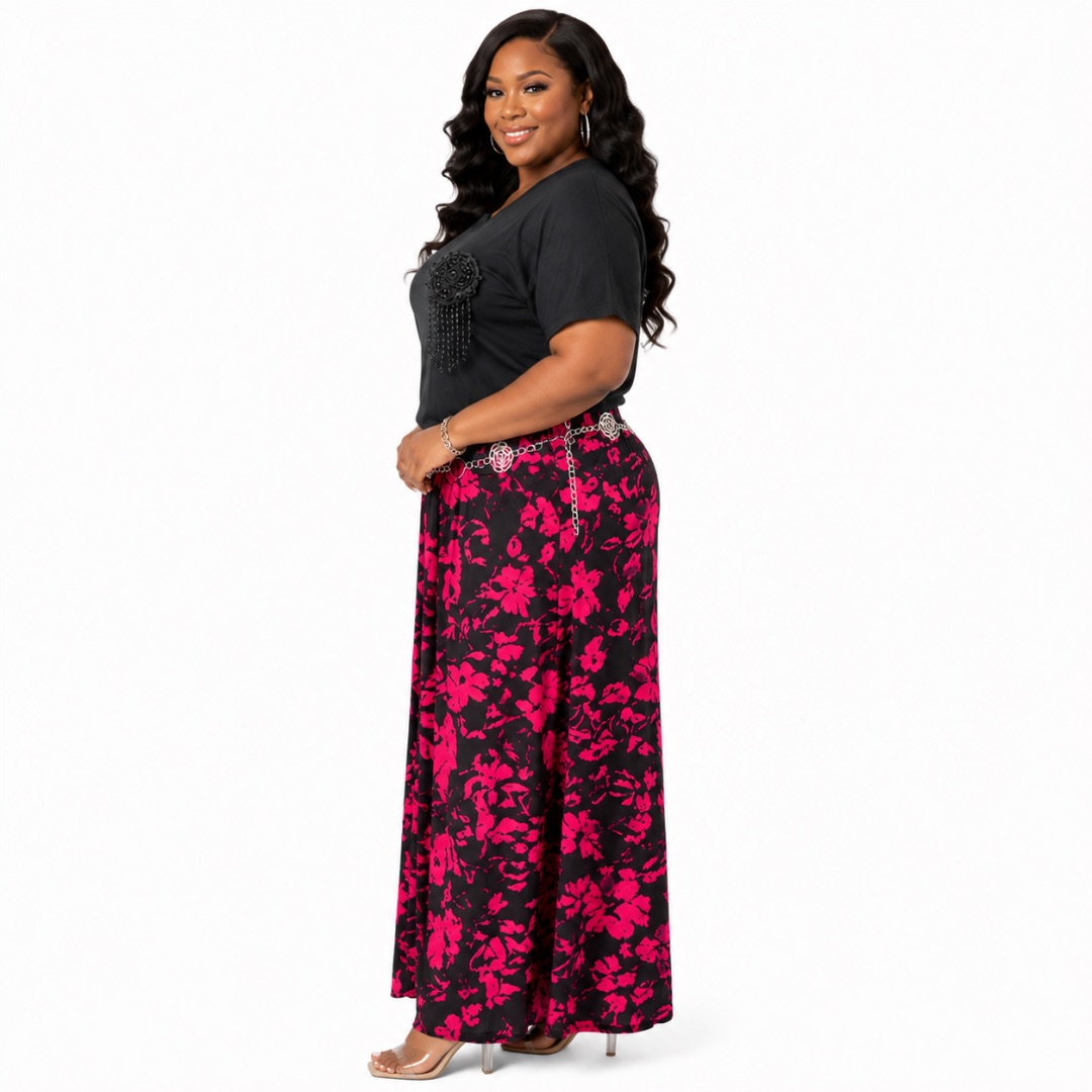 Womens Plus Size Floral Palazzo Pants and Black Top Set