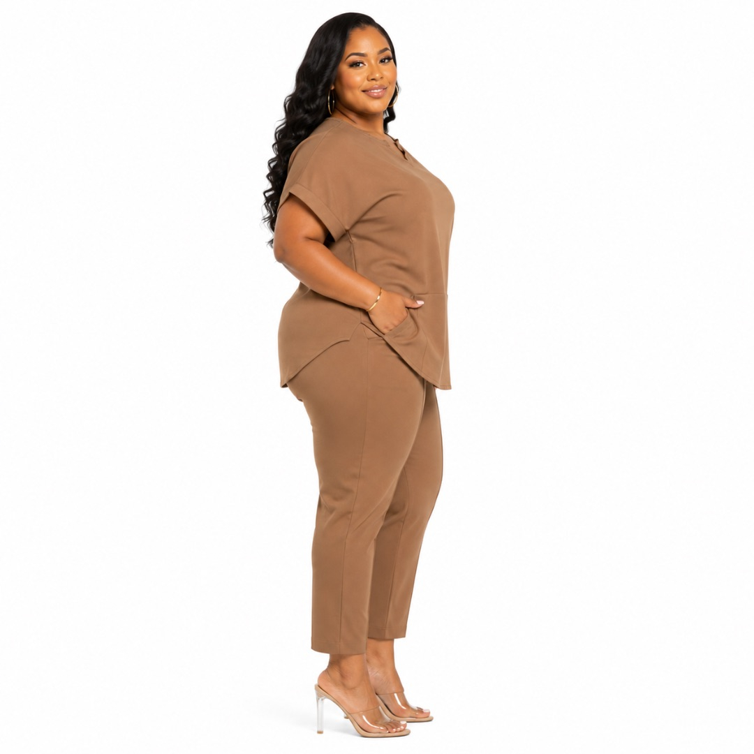 Womens Plus Size Solid Brown Two Piece Lounge Set