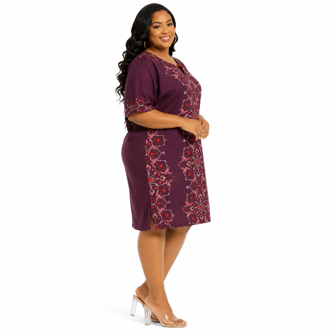 Womens  Plus Size Burgundy Floral Print Shift Dress