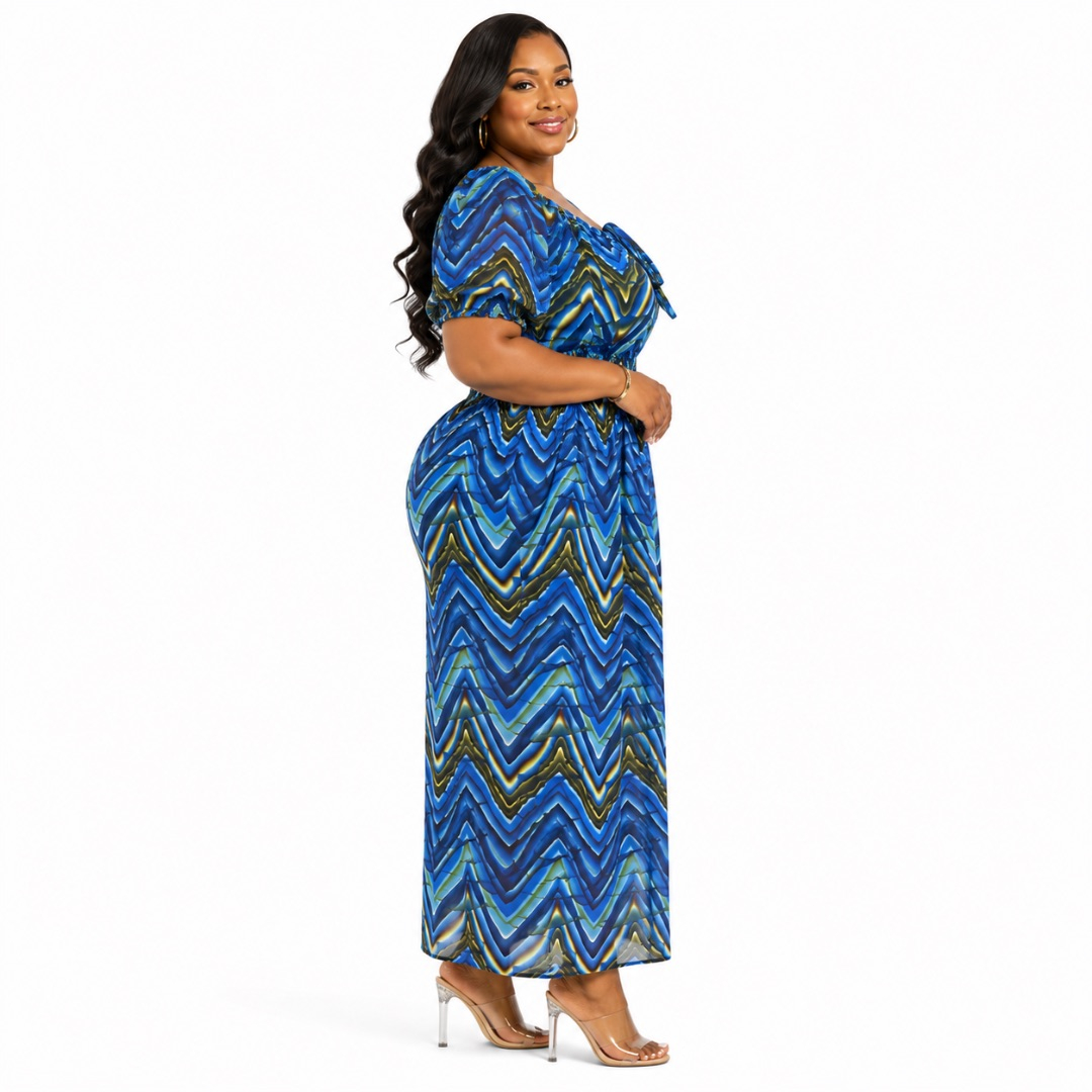 Womens  Blue Abstract Print Smocked Midi Dress