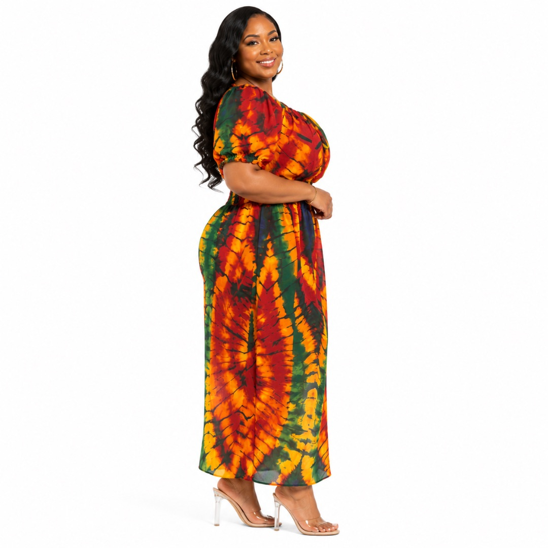 Womens  Plus Size Tie Dye Puff Sleeve Maxi Dress