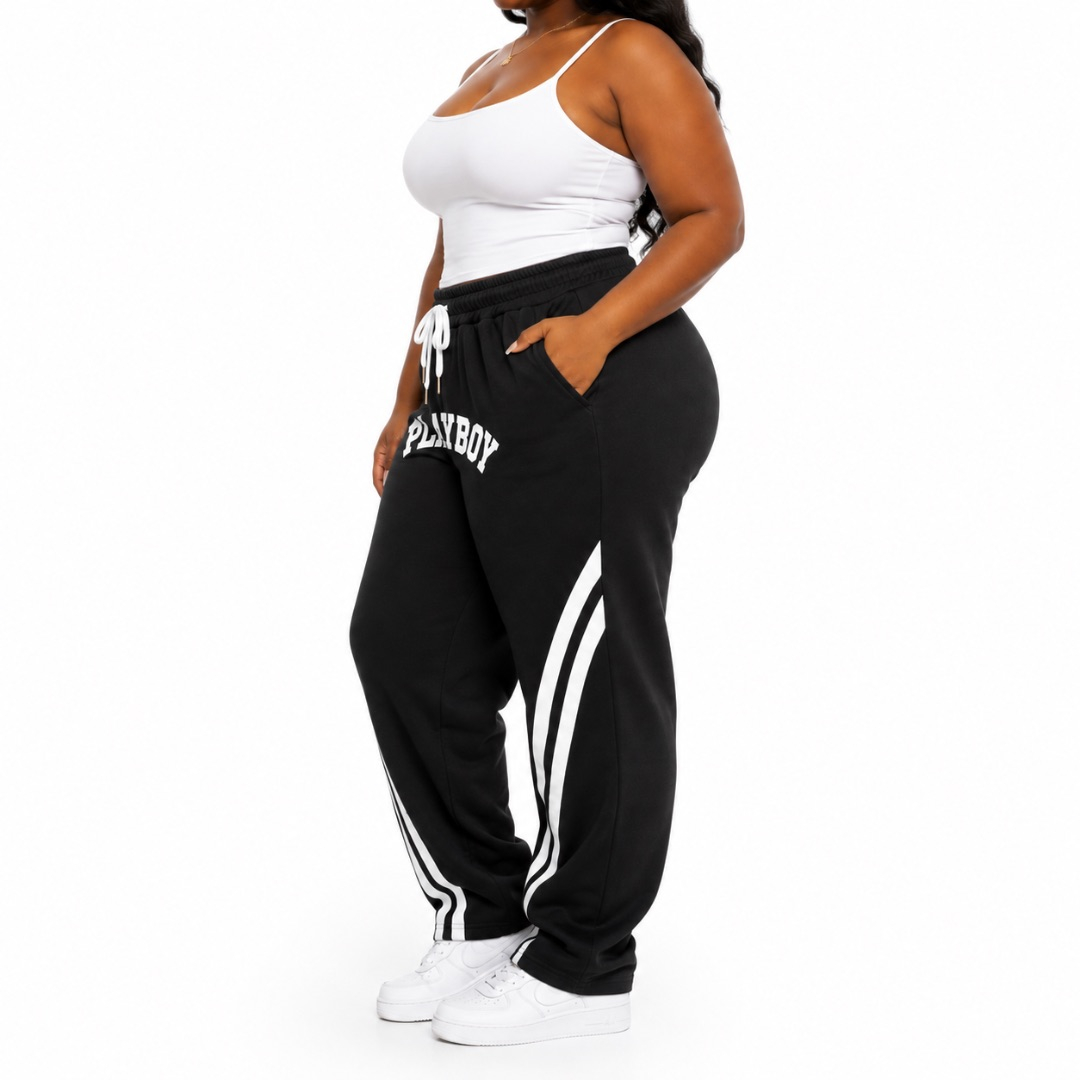 Womens  Black Graphic Wide Leg Jogger Sweatpants