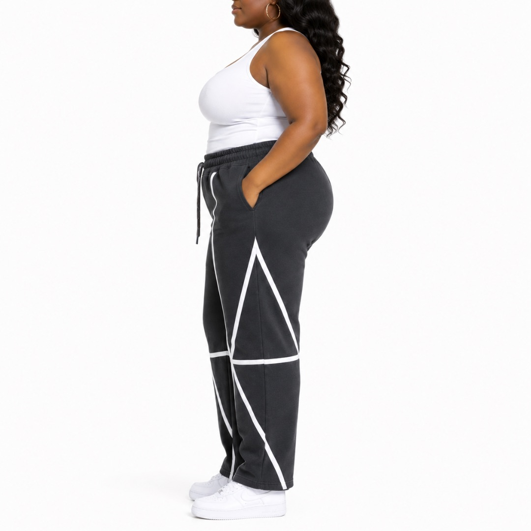 Unisex Black Geometric Line Print Casual Sweatpants