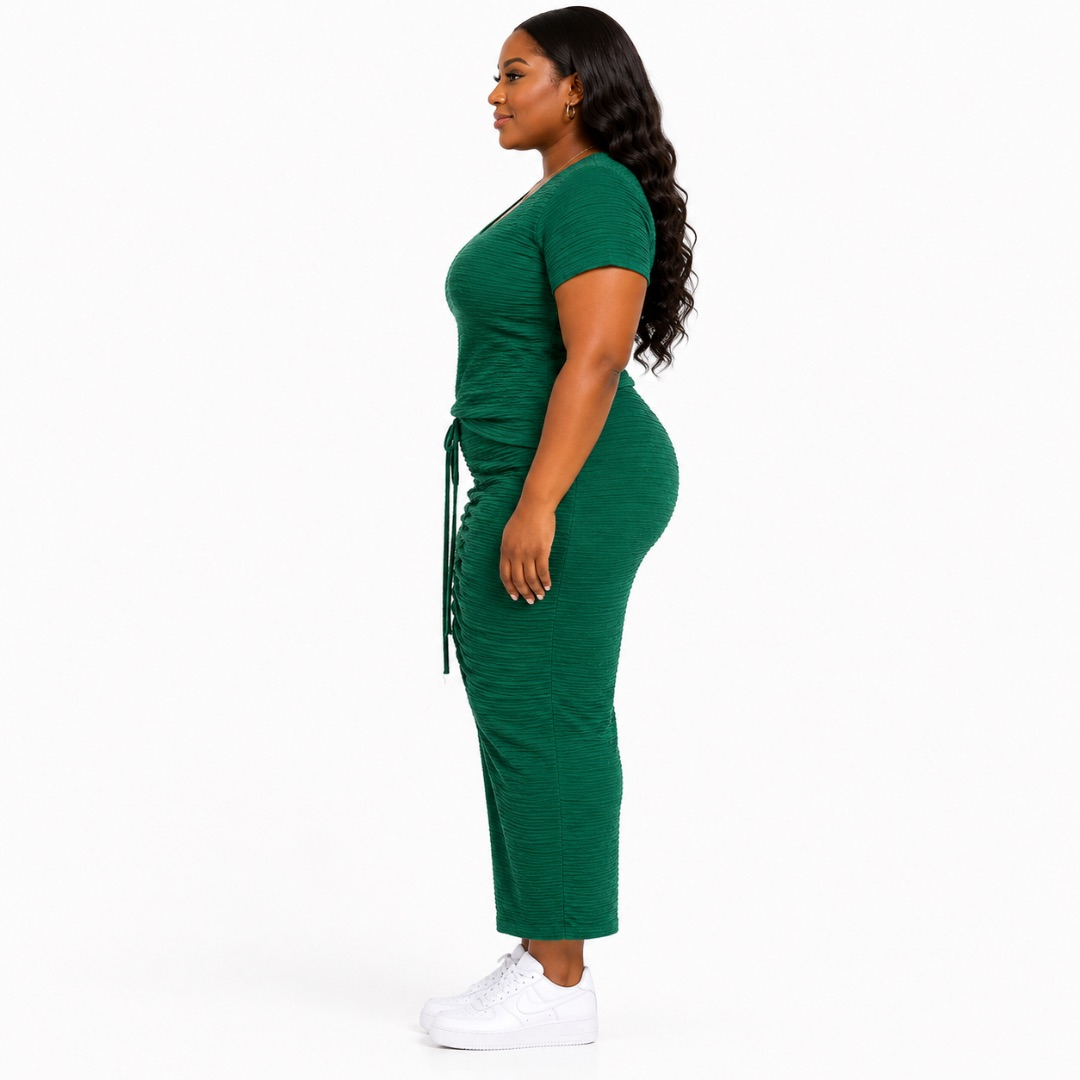 Womens  Textured Emerald Green Ruched Midi Dress