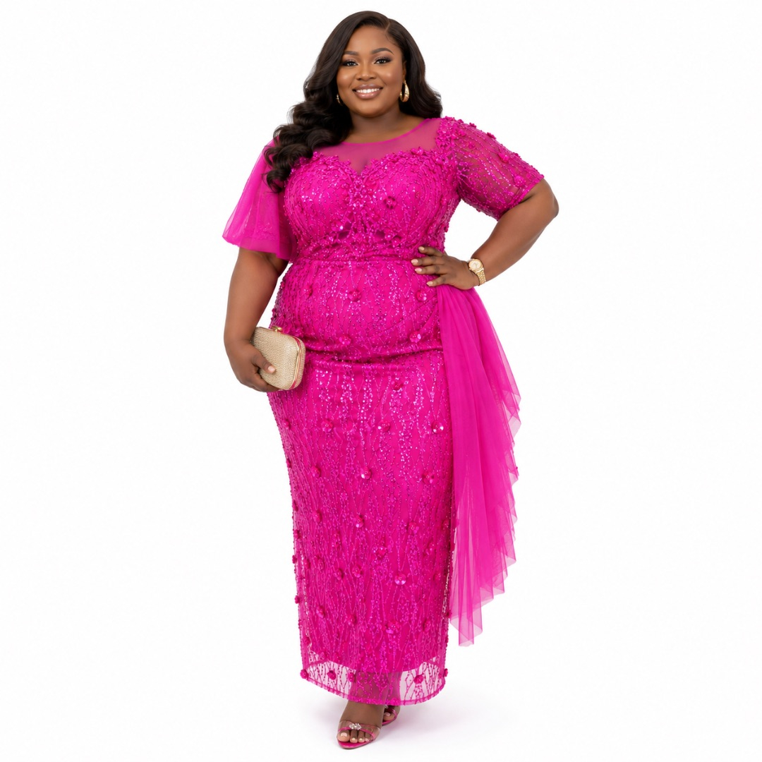 Pink Embroidered Lace Fabric with Sequins