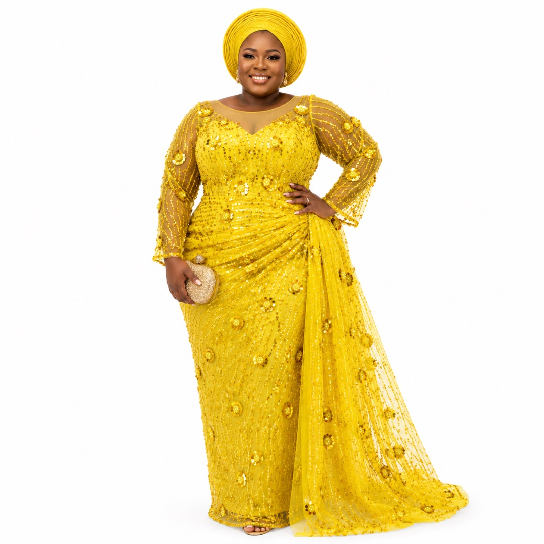 Luxury Sunshine Yellow Sequin Mesh Lace Fabric